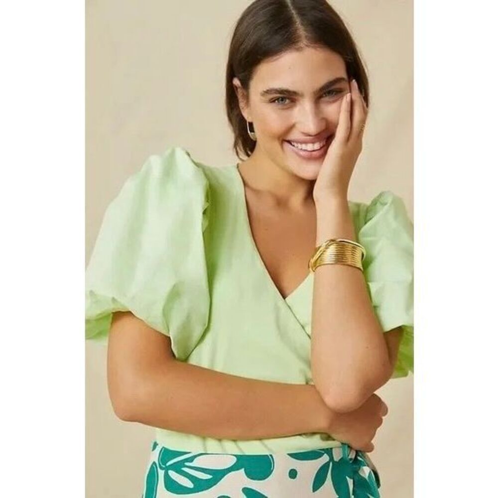 Anthropologie Maeve Puff Sleeve Blouse in Neon Green XS